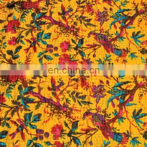 Bird Print Kantha Bedcover Yellow Bird of Paradise Quilt thumbnail-2