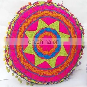 Suzani Pillows Embroidered Round Cushion Cover 16x16, Decorative Throw Pillow Case thumbnail-3