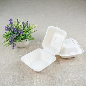 Customizable 450ml Refrigerator & Microwave Safe Biodegradable 6 Inch Sugarcane Bagasse Burger Box Clamshell thumbnail-4