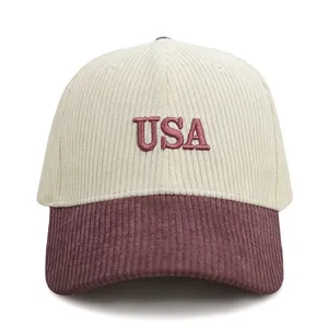 Vintage Ivy League Preppy Aesthetic Two Tone Corduroy USA Letter Embroidered 6 Panel Baseball Cap thumbnail-3