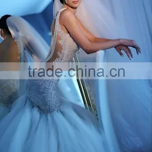 Luxury Beaded Open Back Wedding Dress Chapel Train Vintage Sheer Mermaid Bride Dress thumbnail-1