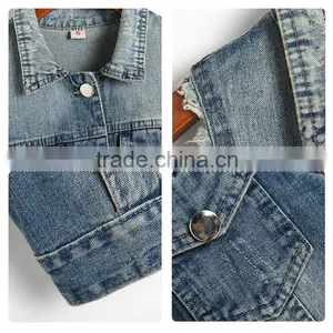 2016 New Style Women's Turn-down Collar Frayed Denim Waistcoat thumbnail-4