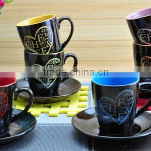 200cc Shiny Black Color Stoneware Coffee Cup and Saucer thumbnail-1