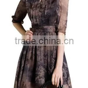 Women's V-Neck Vintage Flower Printed A-Line Casual Chiffon Dress thumbnail-2