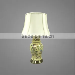 Antique Brass Metal Base And Ceramic Body Printing Bird With Fabric Lampshade Modern Bedside Table Lamp thumbnail-1