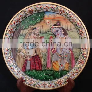 Indian Marble Thali Plate Handicraft Religious Gift Decor Miniature Painting Radha Krishna Rajasthan thumbnail-1