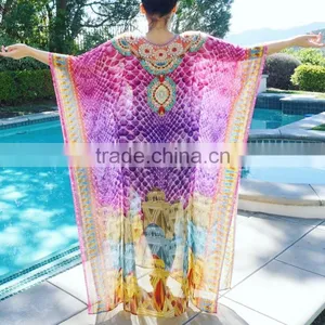 Long Purple Digital Print Crystal Embellished Kaftan CAFTAN Tunic Poncho Blouse thumbnail-2