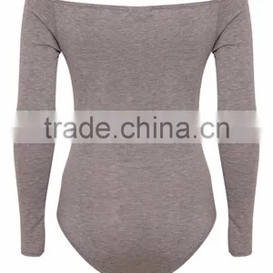 Women Underwear Plain Off Shoulder Sexy Tight Silm Fitness Basic Grey Round Neck Bodysuit thumbnail-3