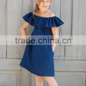 Wholesale Kid Clothing Elegant Summer Girls Dress Off Shoulder Ruffle Dusty Pink Linen Girl Child Dress thumbnail-4
