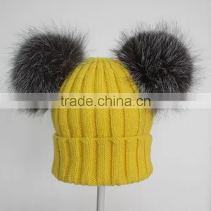 Myfur Yellow Color Wool Knitting Beanie Hat With Genuine Silver Fox Fur Pompoms thumbnail-3