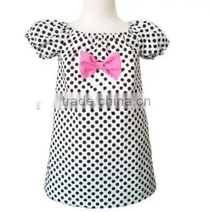 Yiwu Kid Clothes Firm Girls Minnie Dress White and Black Dots, Boutique Style, Tunic Toddlers, Sundress, Custom With Pink Bow thumbnail-1