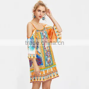 Print Kimono Sleeve Dress, Women Cold Shoulder Spaghetti Strap Dress thumbnail-3