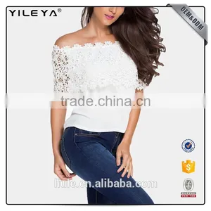 off Shoulder White Crochet Chiffon Women Casual Blouse Designs thumbnail-1