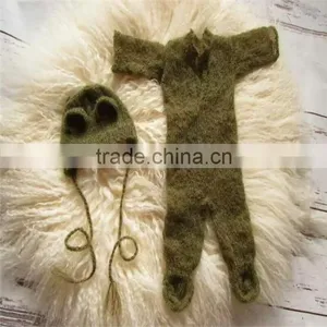 Newborn Mohair Romper Hand Knitted Hooded Romper Ruffle Bonnet Newborn Outfit Onesie Baby Overall Photography Props thumbnail-1