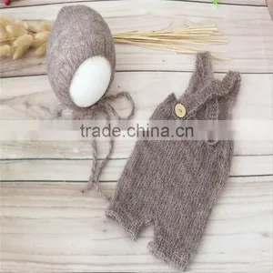 Newborn Hat and Pant Crochet Mohair Bonnet Baby Hooded Romper Lace Girl Overall Outfit Onesie Photography Props Knitted Clothes thumbnail-3