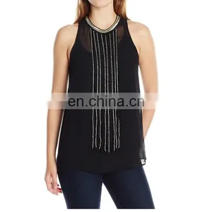 High Quality Lady Fashion Top With Sequin Around Neck and Central Front thumbnail-1