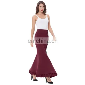 Belle Poque Womens High Stretchy Nylon-Cotton Vintage Retro Ruffled Fishtail Mermaid Victorian Style Wine Long Skirt BP000203-3 thumbnail-4