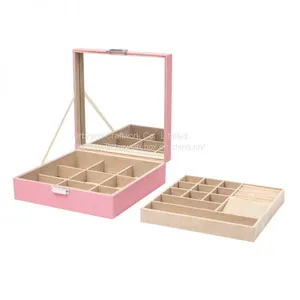 Square Large Capacity Fresh and Simple PU Flannel Jewelry Box Double-layer Portable High-end Princess Jewelry Storage Box thumbnail-2