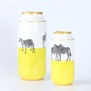 European Simple Style Zebra Painting Cylinder Yellow Ceramic Storage Vases Flower Decoration With Round Lid For Living Room thumbnail-2