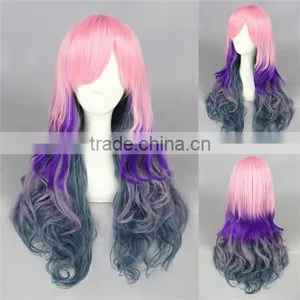Cheap Beauty Long 70cm Colorful Pink Purple Gary Wave Cosplay Lolita Women Party Wig thumbnail-1