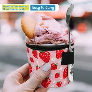 Custom Print Waterproof Iced Cream Pint Glass Neoprene Insulator Ice Cream Holder With Elastic Loop Spoon Holder thumbnail-5
