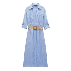 New Women's Dress With European and American Style Belt and Shirt Style Dress thumbnail-5