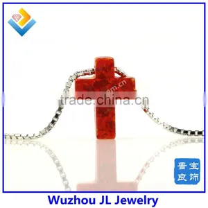 High Quality 925 Sterling Silver Synthetic Red Color Cross Opal Gemstone Necklace Jewelry thumbnail-2