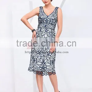 Sleeveless Knee-length V-neck Blue Lace Dresses thumbnail-2
