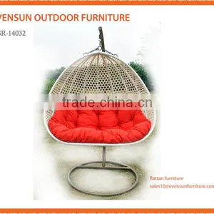 Outdoor Modern Garden Hanging Chair Brown Rattan Cream Cushions New thumbnail-1