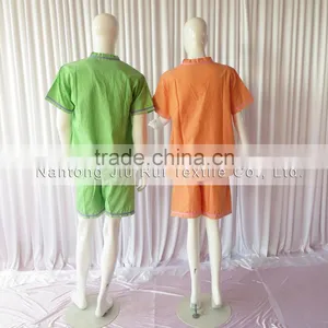 Orange/Green Solid Stripe Unisex Pajama Sets V-Neck Short Sleeve Sleepwear Summer/Autumn Couple Spa Shirt+Pants Pajama Sets thumbnail-2