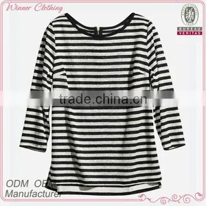 Trendy Summer Loose Fit 3/4 Sleeve Striped Ladie T-shirt With Back Zipper thumbnail-1