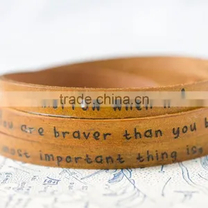 Words/text Engraved Leather Wrap Bracelet, Custom Logo Hand-stamped Leather Bracelet, Adjustable Long Leather Wrap Bracelet thumbnail-1