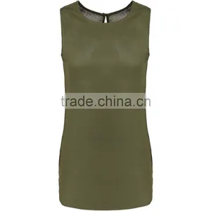 2016 Summer Plain Khaki Sleeveless Shell Tops For Ladies Latest Chiffon Plain Pockets Summer Tops thumbnail-2