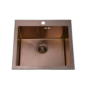 PVD Rose Gold 510×510×225mm POSCO SUS304 Stainless Steel Single Bowl Overmount Handmade Kitchen Sink (DY-D5151HT) thumbnail-1