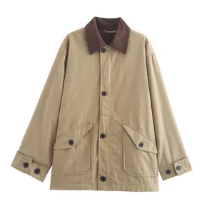 New Style Women's Retro Loose Casual Long-sleeved Color-matched Patchwork Button-down Blazer With Collar thumbnail-4