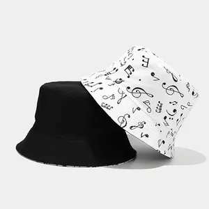 Music Note Print Reversible Bucket Hat Solid Black Double Sided Fisherman Cap Custom Logo Sun Hat for Music Lovers thumbnail-2