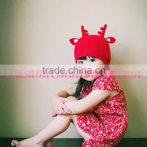 Top Quality Children Antler Fabric Knitting Cony Rabbit Hair Christmas Hat for Baby thumbnail-1