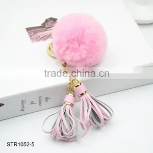 New Leather Tassel Fur Keychain Real Rabbit Fur Pom Pom Key Chain thumbnail-5