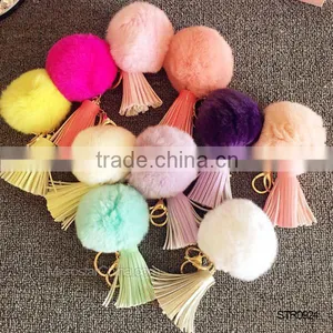 Promotion In Stock Rabbit Fur Ball Leather Tassel Key Chain thumbnail-1