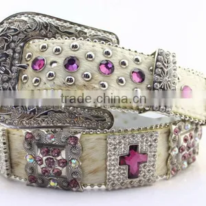 Cowgirl Purple Rhinestone Cross Crystal Studded Western Leather Hair Belts thumbnail-2