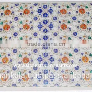 Rectangular Marble Inlay Coffee Table Tops, Handmade Marble Inlay Table Top thumbnail-1