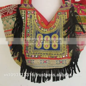 Leather Fringe Hand Bag Vintage Banjara Handbag Gypsy Jari Banjara Bag thumbnail-1
