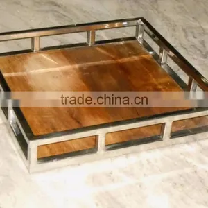 STAINLESS STEEL METAL SERVING TRAYS WITH WOODEN BASE thumbnail-2