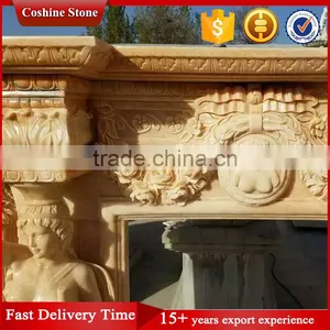 Stone Carved Marble Fireplace, Yellow Marble Fireplace Surround thumbnail-2