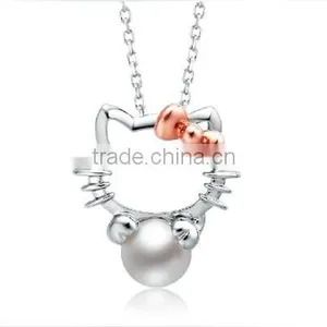 925 Sterling Silver Chain Cat Style Charm Natural Pearl Pendent Necklace thumbnail-2