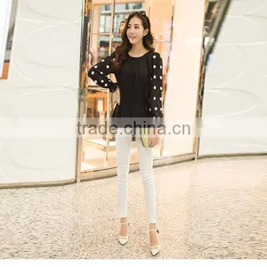 OEM Lady Sexy Loose Rose Red and Black Chiffon Dot Round Collar Long Petal Sleeve Blouse thumbnail-1