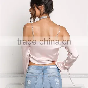 MGOO Custom Manufacturer Polyester Cropped Blouses Blush Silky Cold Shoulder Long Sleeves Satin Crop Tops thumbnail-5