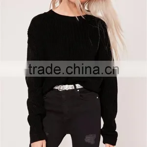 Custom Label Women Plain Black Knitwear With Drop Shoulder Loose Sweater Turn Back Cuff Cropped Jumper Black thumbnail-3