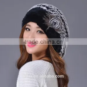 2016 New Genuine Rex Rabbit Fur Hat Knitted Rabbit Fur Cap Real Rabbit Fur Headwear Winter Warm Womens Hat thumbnail-1