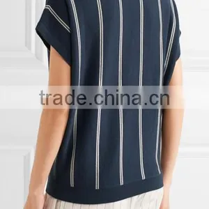 Hot Sale Navy and White Sleeveless Striped Knitted V-Neck Sweater for Women thumbnail-3